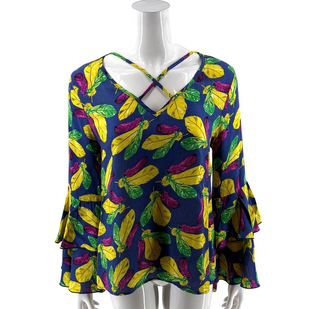 Entro Top Size Small Blue Yellow Purple Feather Print Bell Sleeve Cage Neck NEW